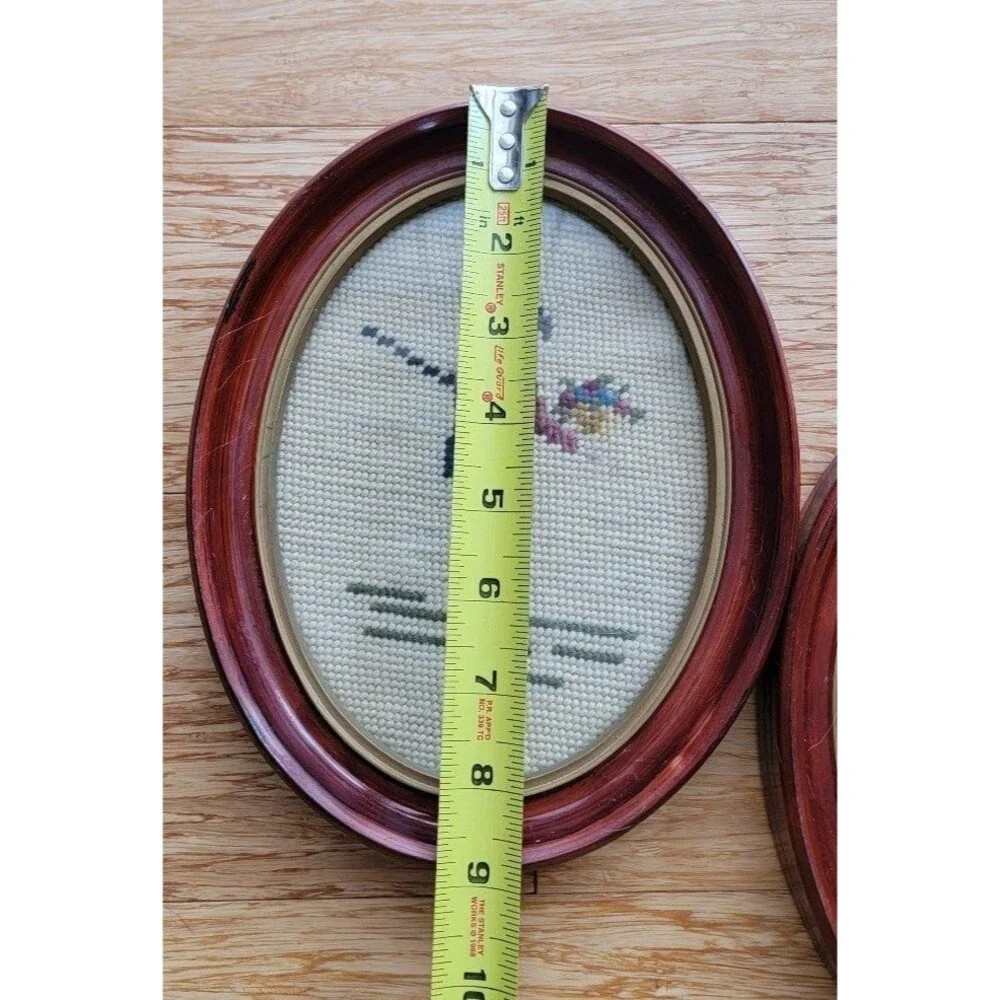 Set of 2 Vintage Antique Oval Framed Needlepoint Victorian Lady and Gentlemen